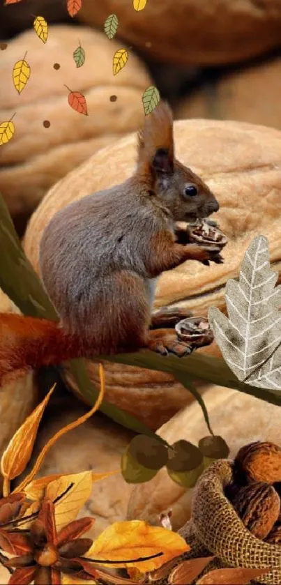 Squirrel on walnuts with autumn leaves background.