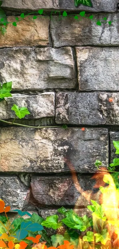 Stone wall with green leaves and fiery accents mobile wallpaper.