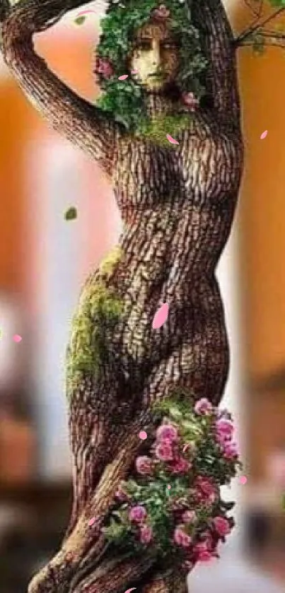 Artistic wallpaper of tree woman with flowers and leaves.