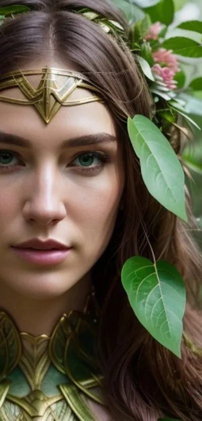 Woman with golden headpiece in nature, surrounded by green leaves.