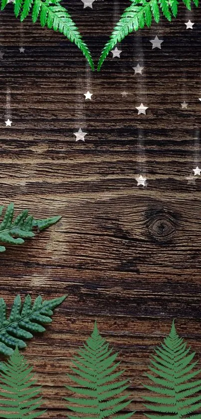 Wallpaper featuring green ferns on a rustic wooden background with stars.