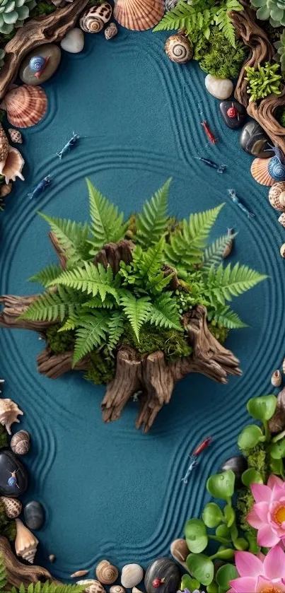 Nature-inspired zen wallpaper with ferns and seashells.