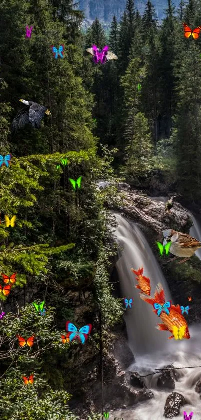 Lush jungle scene with waterfall and colorful butterflies.