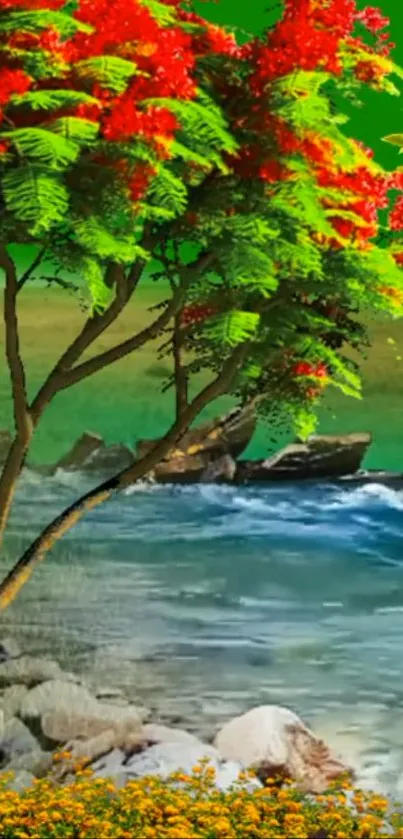 Vibrant nature landscape wallpaper with trees, flowers, and a flowing river.