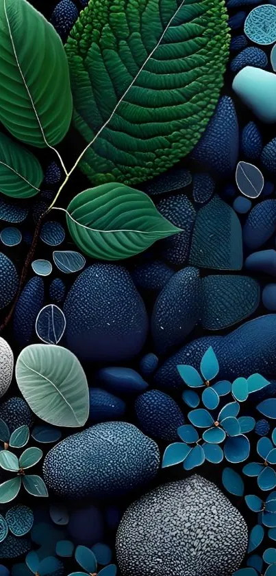 Abstract nature wallpaper with leaves and stones in green and blue hues.