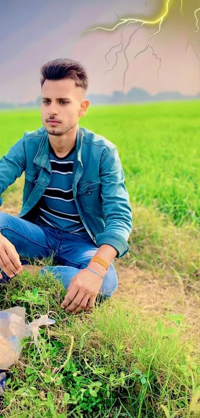 Portrait of a man sitting in a green field with lightning in the sky.