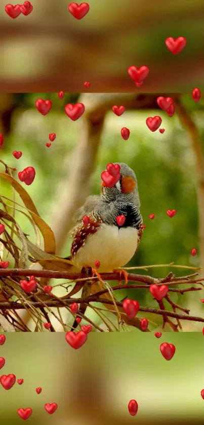 A bird on a branch, surrounded by red hearts in a nature scene.