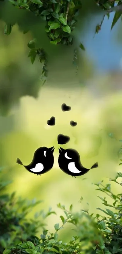 Love birds illustration with green leaves background.