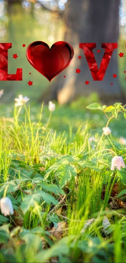 Heart-shaped 'LOVE' text with nature backdrop on phone.