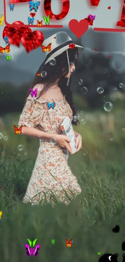 Woman in nature with butterflies and love theme.