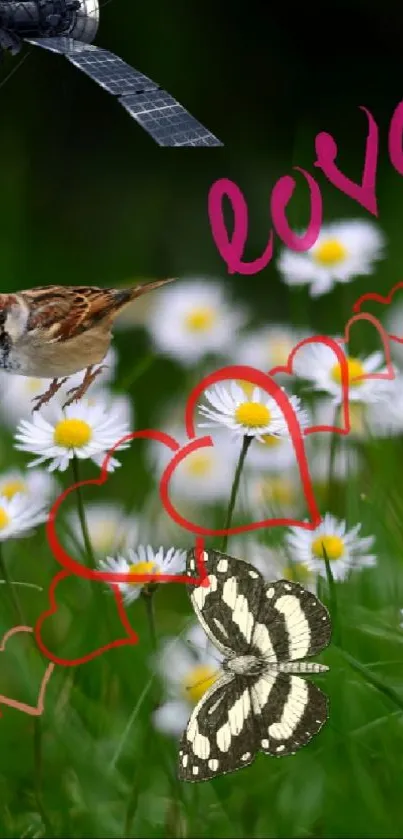 Nature wallpaper with daisies, butterfly, sparrow, and love hearts on green background.