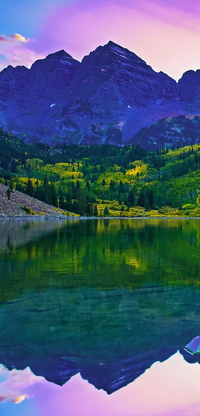 Mountain lake reflected in serene, colorful landscape.