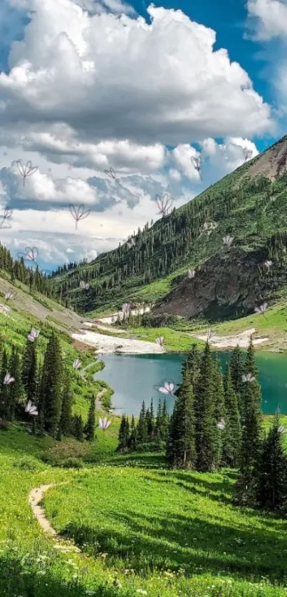 Scenic view of green mountains and a serene lake under blue skies.