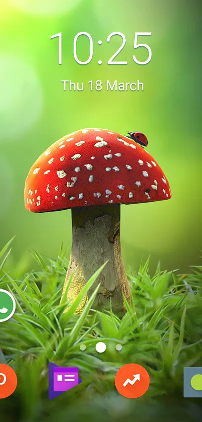 Red mushroom and ladybug on a green background mobile wallpaper.