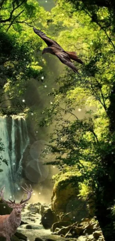 Majestic deer and eagle in lush forest wallpaper with waterfall.