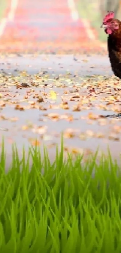 Chicken and snail on a forest path with lush green grass.