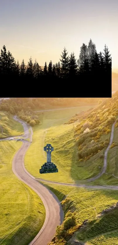 A winding path through green fields with forest silhouette at sunset.