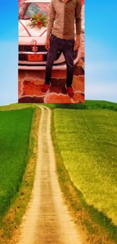 A scenic pathway through a green field with a vibrant blue sky.