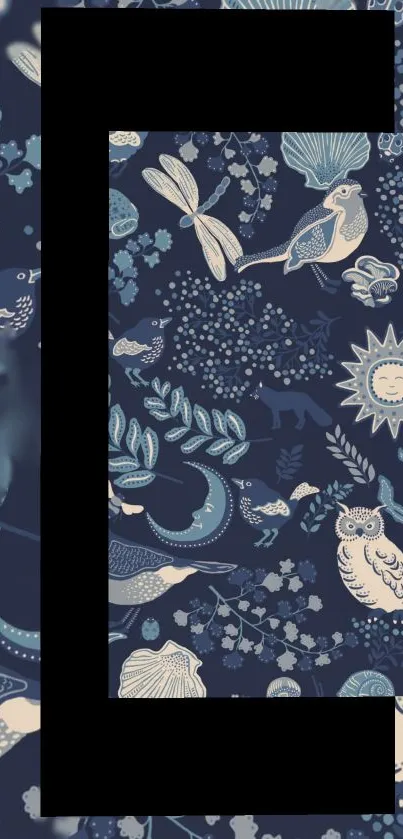 Intricate nature-themed phone wallpaper in indigo with floral and animal designs.