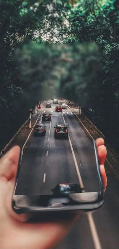 Mobile wallpaper of road through phone and forest scenery.