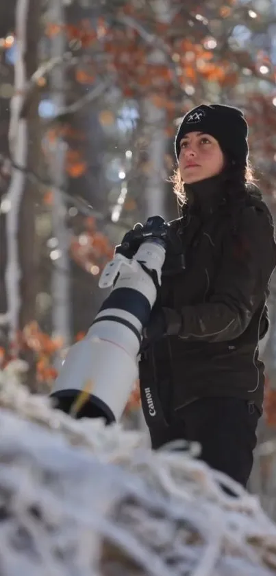 Photographer in forest with large camera lens, capturing nature.