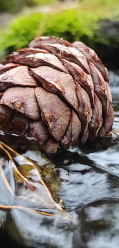 Close-up of a pine cone on a rocky stream with moss.