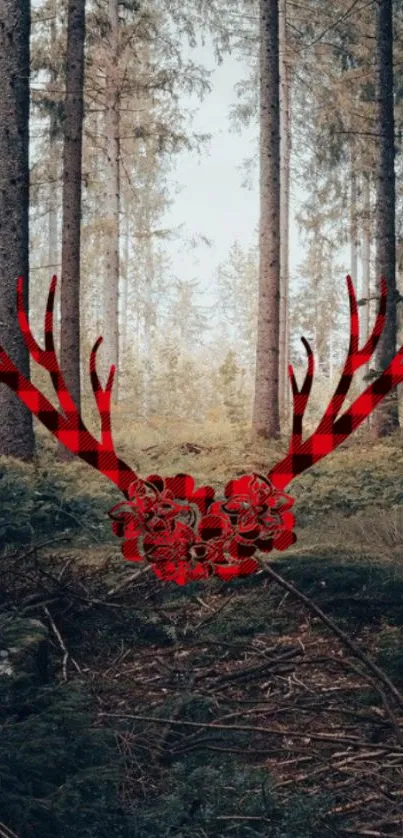 Forest scene with red plaid antlers in the foreground.