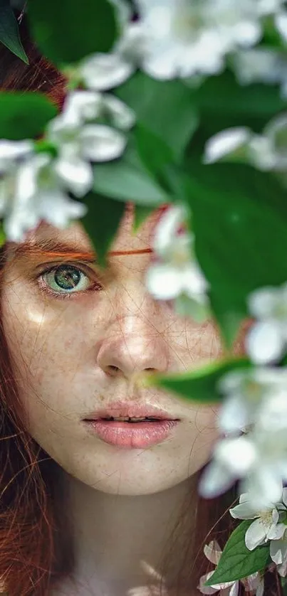 Portrait among green leaves and white flowers in vibrant nature wallpaper.