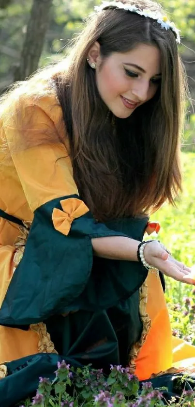 Girl in princess dress sitting in a meadow surrounded by vibrant flowers.