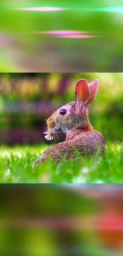 Mobile wallpaper with a rabbit in green grass, offering a serene nature scene.