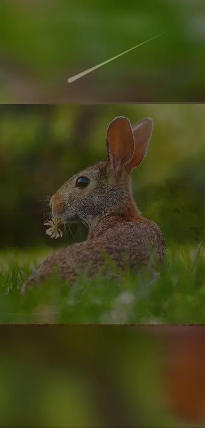 A brown rabbit sits in lush green grass, holding a white flower.