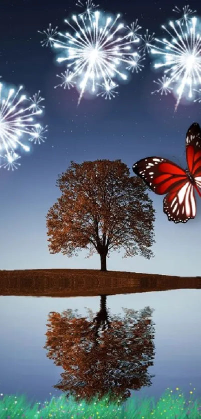 Mobile wallpaper with tree reflection, fireworks, and butterfly under a night sky.