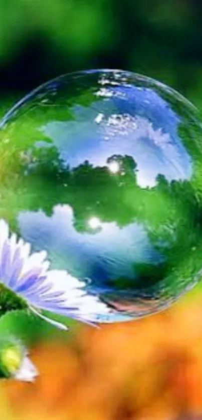 Nature bubble reflecting vibrant green landscape with flower.