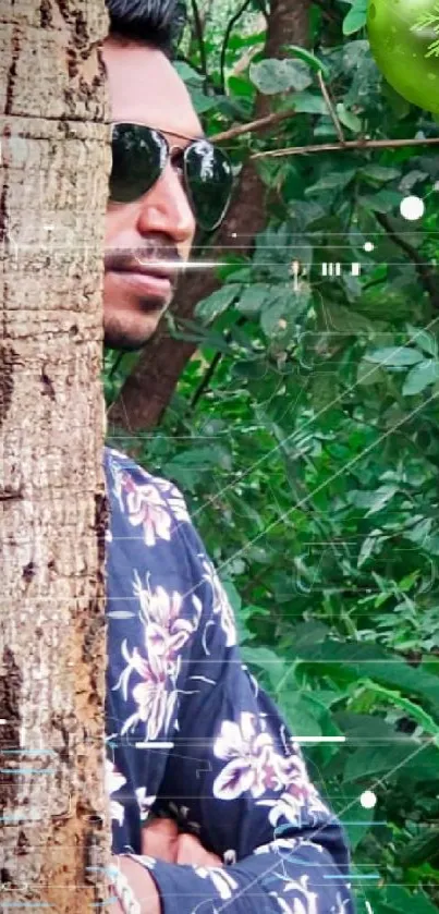 Stylish man in sunglasses amidst lush green forest scene.