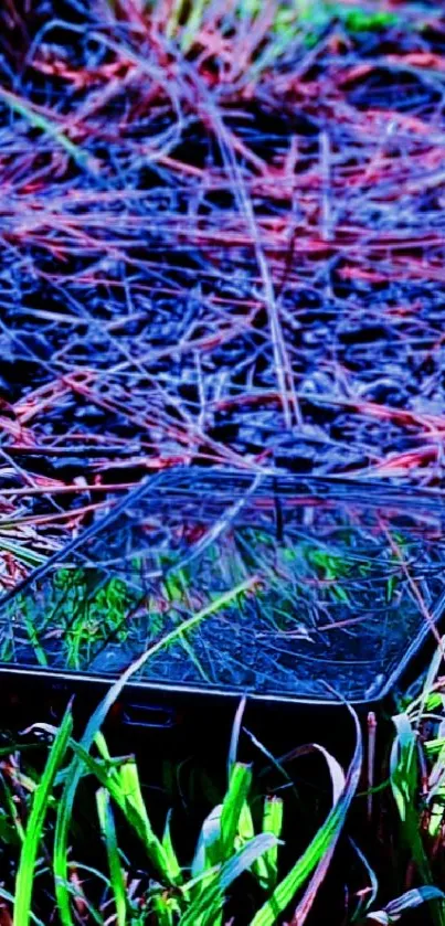 Reflective smartphone among colorful grass.