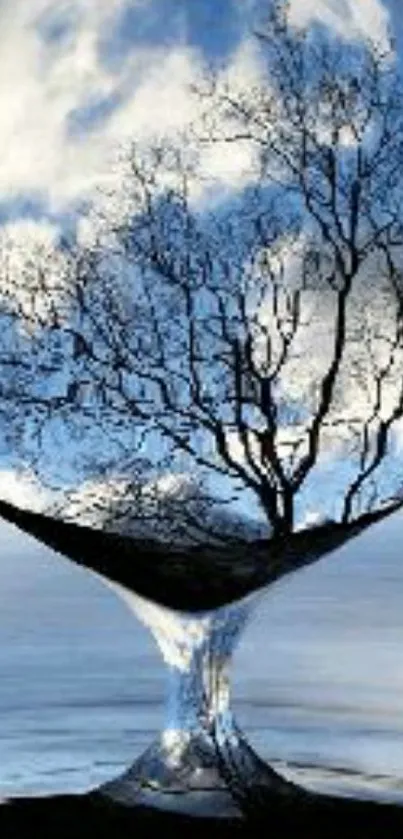 Tree reflection in a glass with a cloudy sky background.