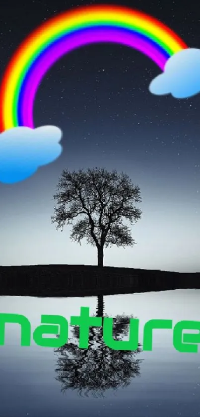 Lone tree with rainbow reflection on calm lake under starry sky.