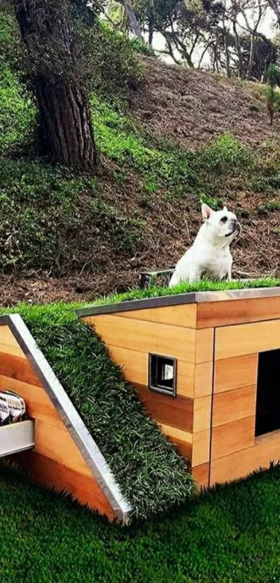 Wooden doghouse in lush green setting with a small dog perched on top.