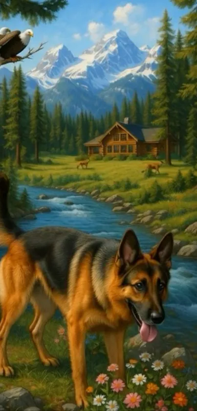 German Shepherd by a mountain stream with forest background