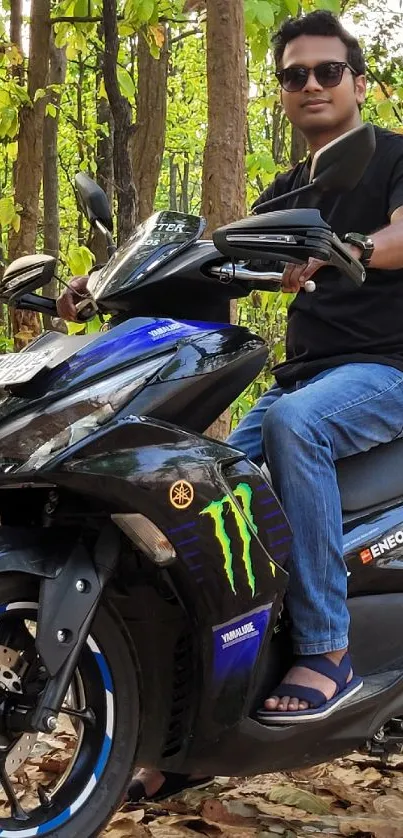 A blue scooter in a vibrant green forest setting.