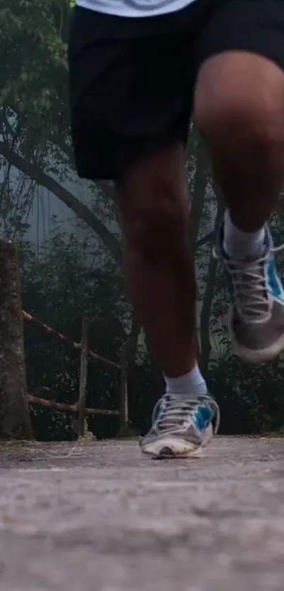 Jogger on a nature trail with lush greenery around.