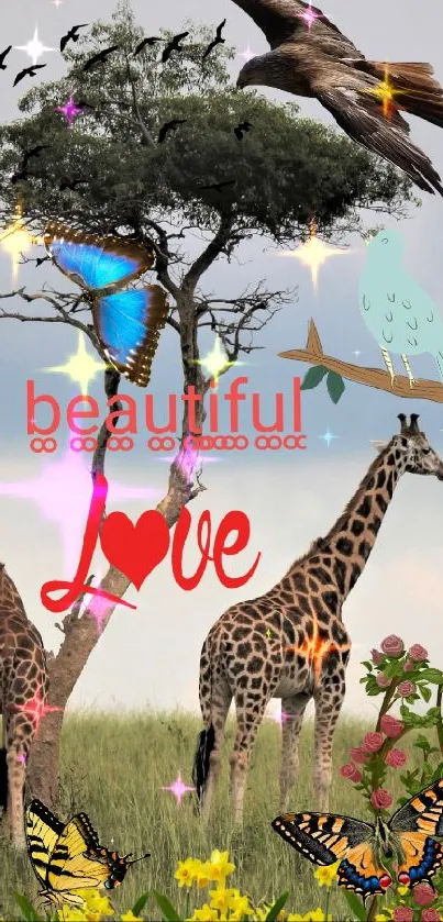 Nature wallpaper with giraffes and love message.