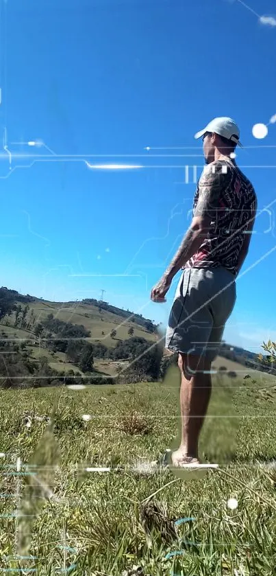 Man stands on grass with digital overlay and blue sky.