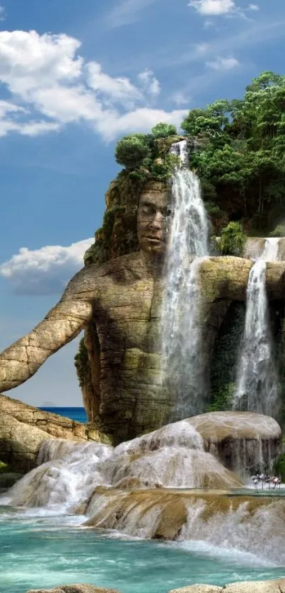 Majestic nature sculpture with cascading waterfalls in lush green landscape.