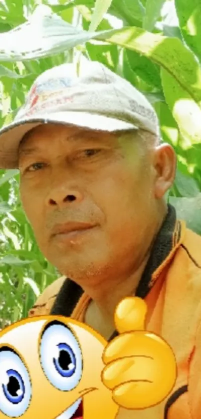 Outdoor selfie with emoji amongst green leaves.