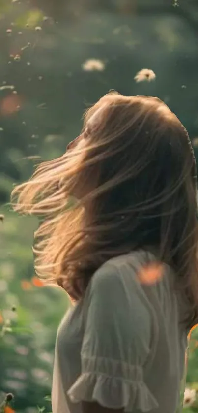 Woman enjoys nature surrounded by greenery and floating flowers.