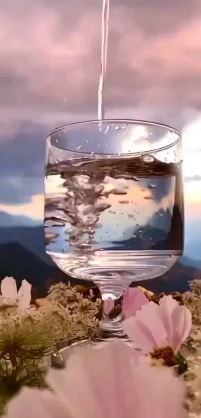 Scenic glass of water among flowers against mountains.