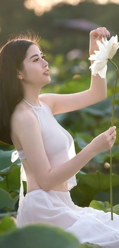 Woman in white dress in nature, holding a flower.