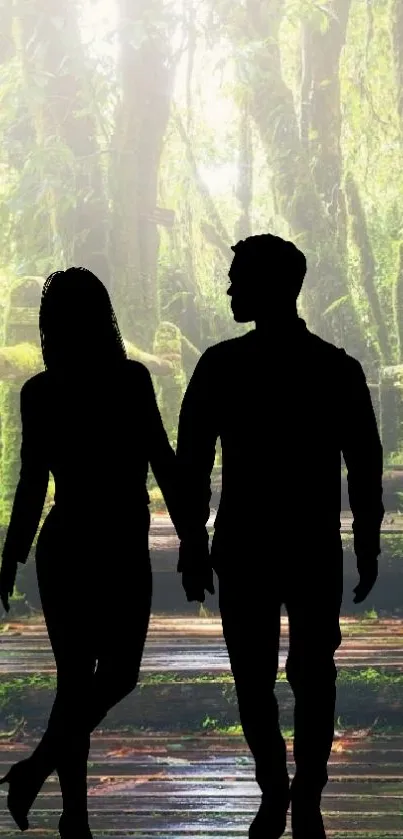 Silhouetted couple walking in a lush forest setting.