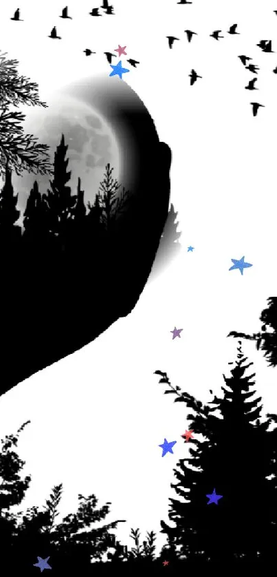 Silhouette of a forest with moon and birds, perfect for a nature-themed phone wallpaper.